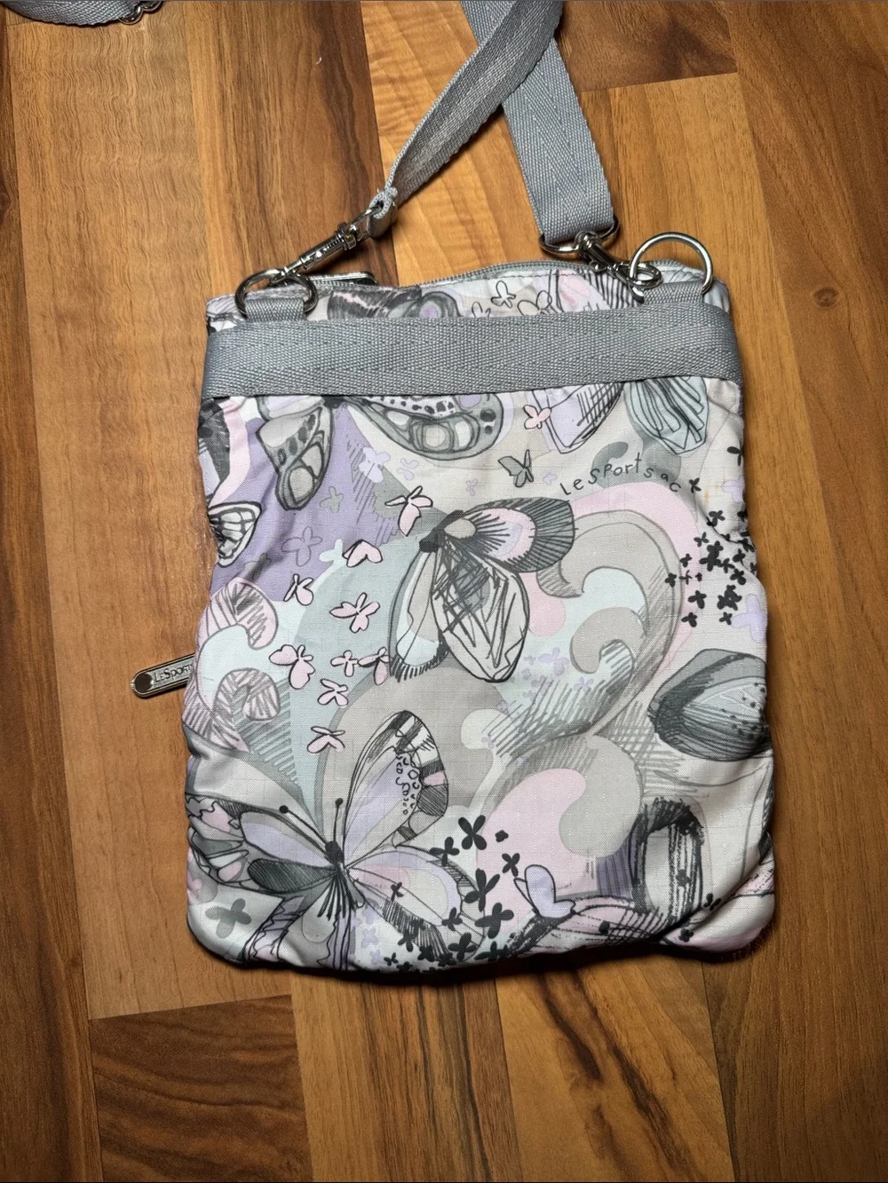Lesportsac Gray and Lavender Patterned Triple-Zip Crossbody
